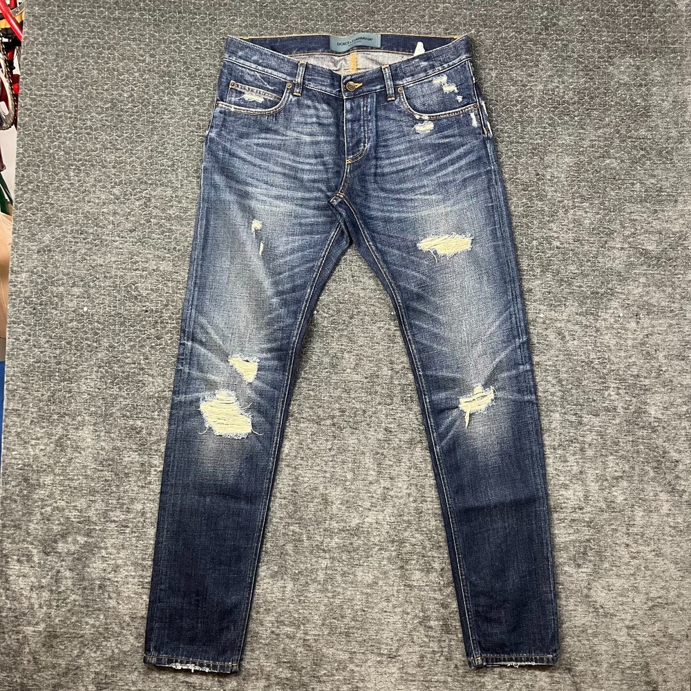 VTG Dolce & Gabbana 14 Gold Jeans Men's Blue Distressed Slim Italian Made - 50